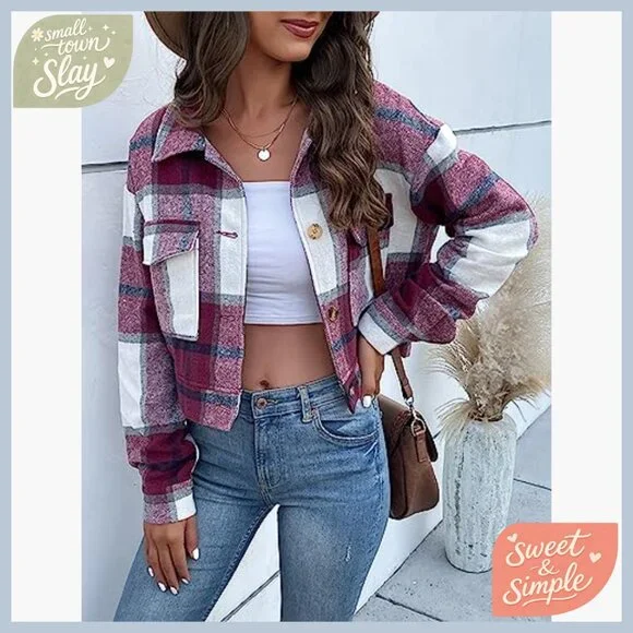 Flannel Cropped Plaid Shacket Jacket Button Down Long Sleeve Top - Picture 2 of 7